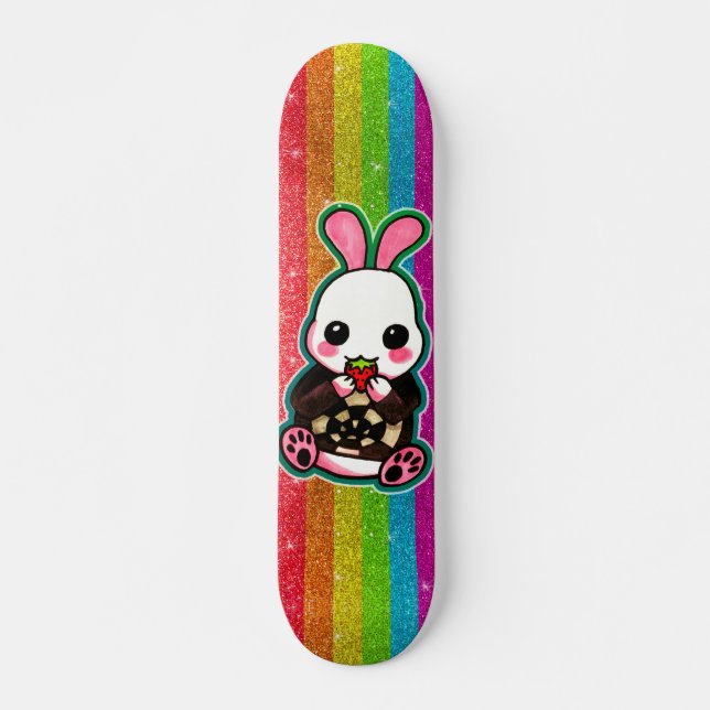 Skateboard Purpurina arcoiris de conejo blanco y rosado (Anverso )