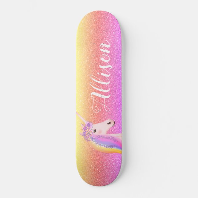Skateboard Purpurina arcoiris de unicornio esparce personaliz (Anverso)