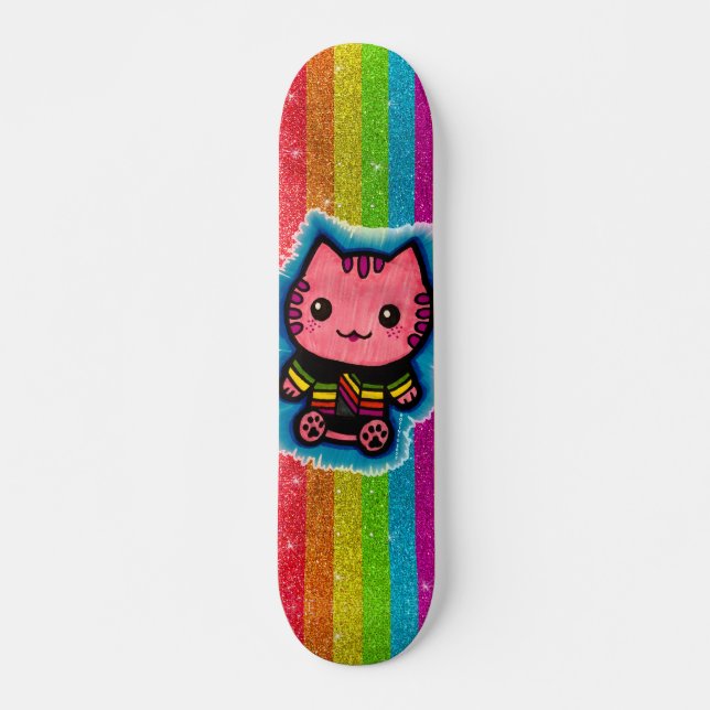 Skateboard Purpurina Arcoiris Gato Kitty Rosa Ilusión Óptica  (Anverso )