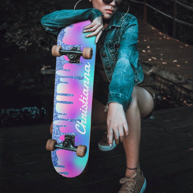 Skateboard Purpurina azul goteo Fluorescente Neón rosa y Púrp (Blue Glitter Drip Fluorescent Neon Pink & Purple Skateboard for Girls)