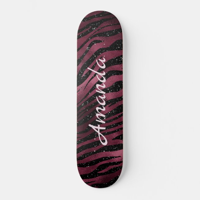 Skateboard Purpurina de cebra negra y borgoña personalizado (Anverso)