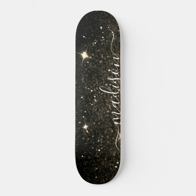 Skateboard Purpurina de espuma negra y dorada personalizado (Anverso)