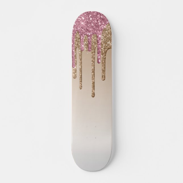 Skateboard Purpurina de goteo rosado y dorado (Anverso )