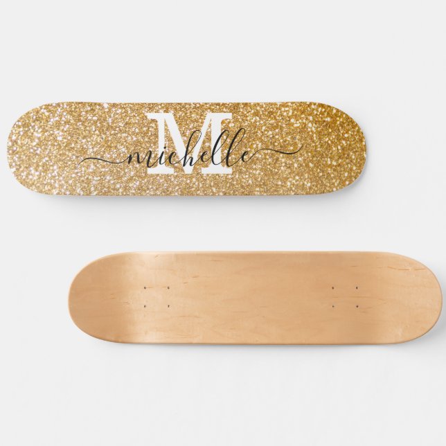 Skateboard Purpurina de oro elegante monogramado personalizad (Horz)