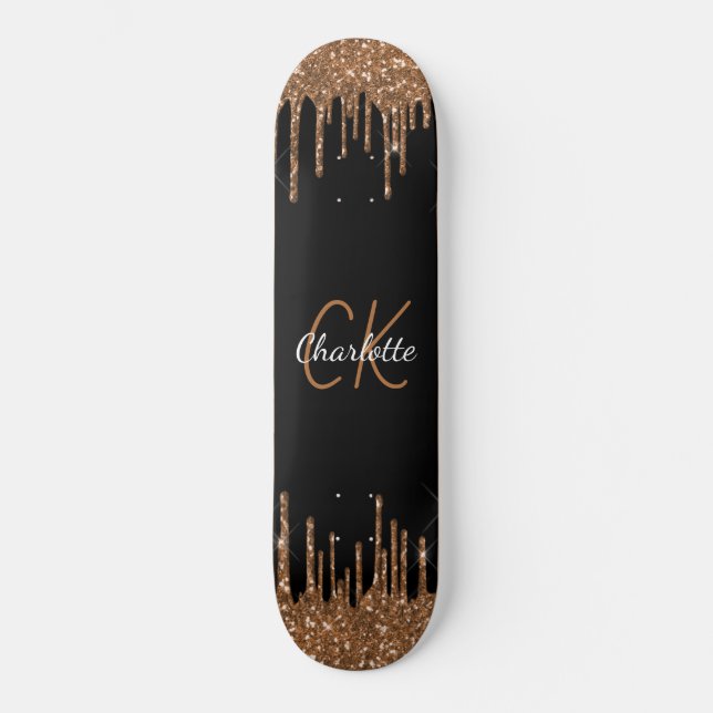 Skateboard Purpurina de oro negro gotea en monopgrama elegant (Anverso)