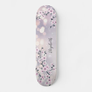 Skateboard Purpurina de Pink Cherry Blossom Mauve Bokeh