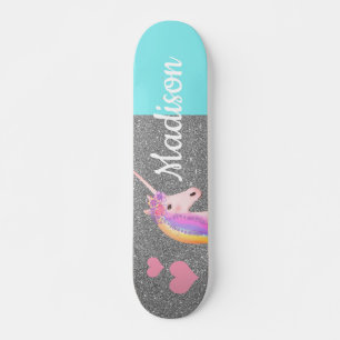 Skateboard Purpurina de plata Verde azulada con unicornio arc