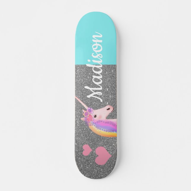 Skateboard Purpurina de plata Verde azulada con unicornio arc (Anverso )