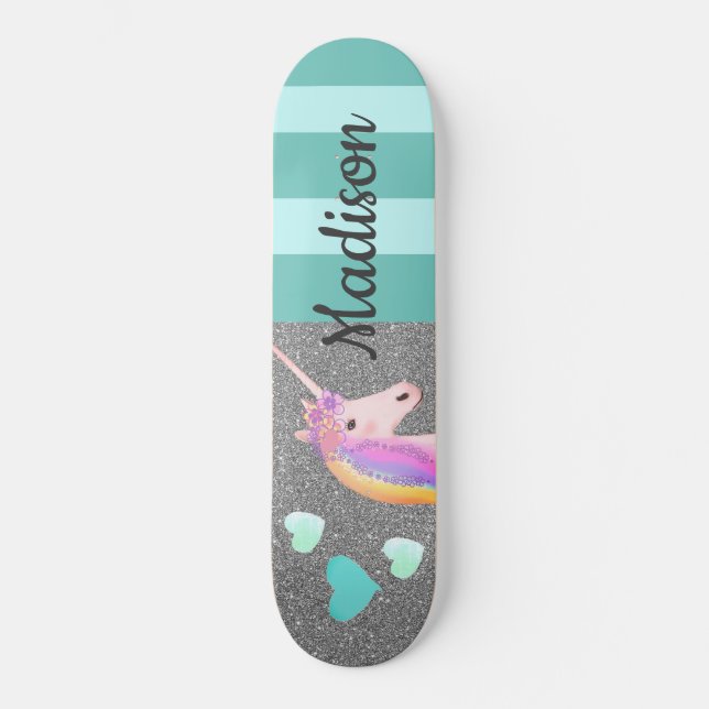 Skateboard Purpurina de unicornio con corazones Verde azulado (Anverso)