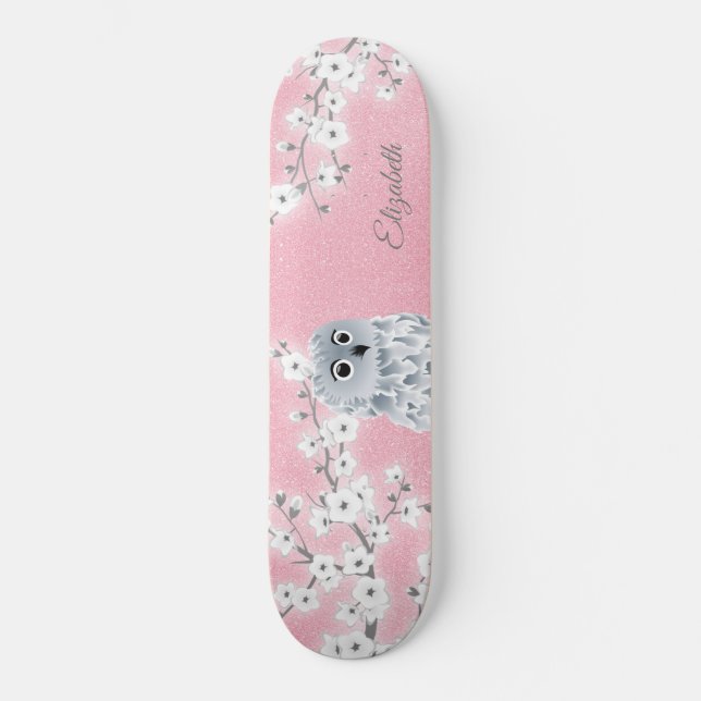 Skateboard Purpurina Lechuza Rosada Flores de cerezo Monogram (Anverso)