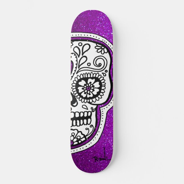 Skateboard Purpurina morado de cráneo de azúcar blanco negro  (Anverso)