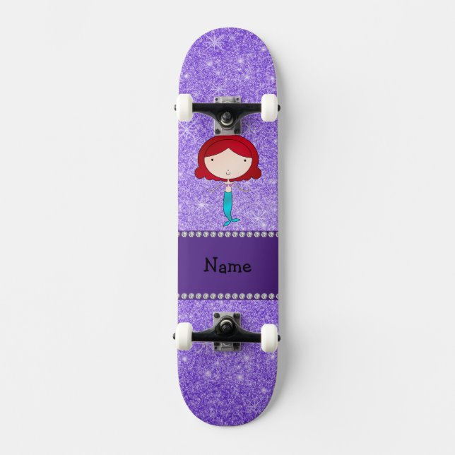 Skateboard Purpurina morado de nombre personalizado de sirena (Anverso)
