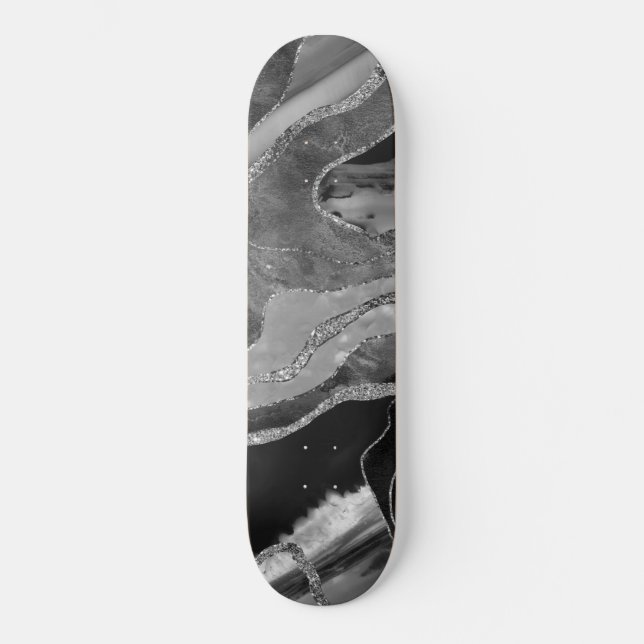 Skateboard Purpurina plateado de mármol blanco gris #1 (Anverso)