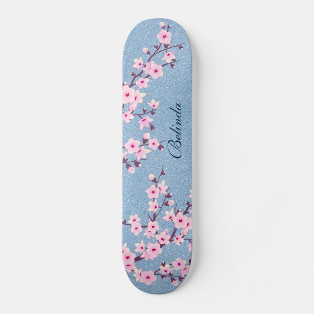 Skateboard Purpurina Rosa Flor de cerezo Monograma Girona (Anverso)