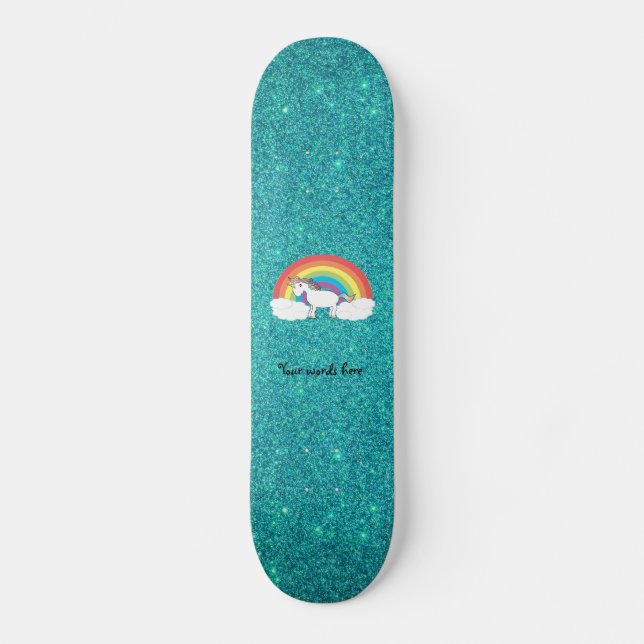 Skateboard Purpurina turquesa con unicornio arcoiris (Anverso)