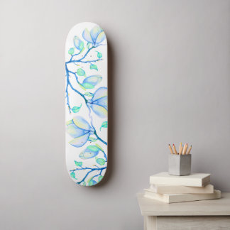 Skateboard Rama de magnolia acuarela azul verde botánica