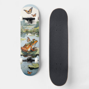 Skateboard Rana En Una Hoja De Nenúfar Con Mariposas