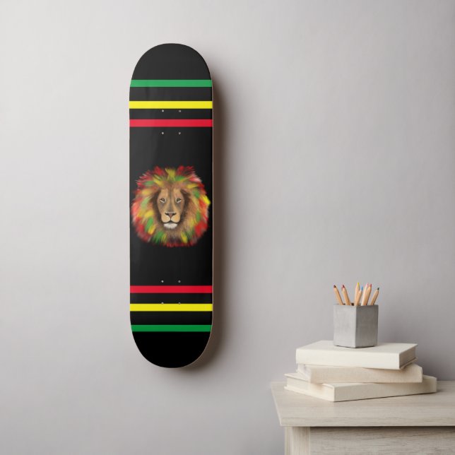 Skateboard Rasta cabeza de león rojo dibujo verde amarillo Ja (Arte de la pared)