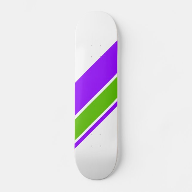 Skateboard Rayas Deportivas Verde Lima y Moradas Sobre Blanco (Anverso)