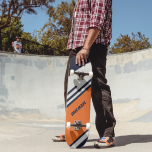 Skateboard Rayas retro personalizadas en Naranja azul