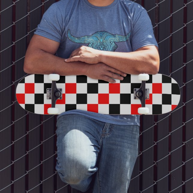 Skateboard Red Black White Checkered Pattern Design  (Exterior 3)