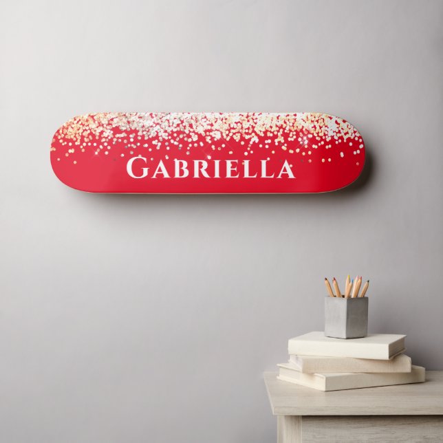 Skateboard Red Brass Gold Faux Purpurina Estética Nombre pers (Arte de pared (horz))