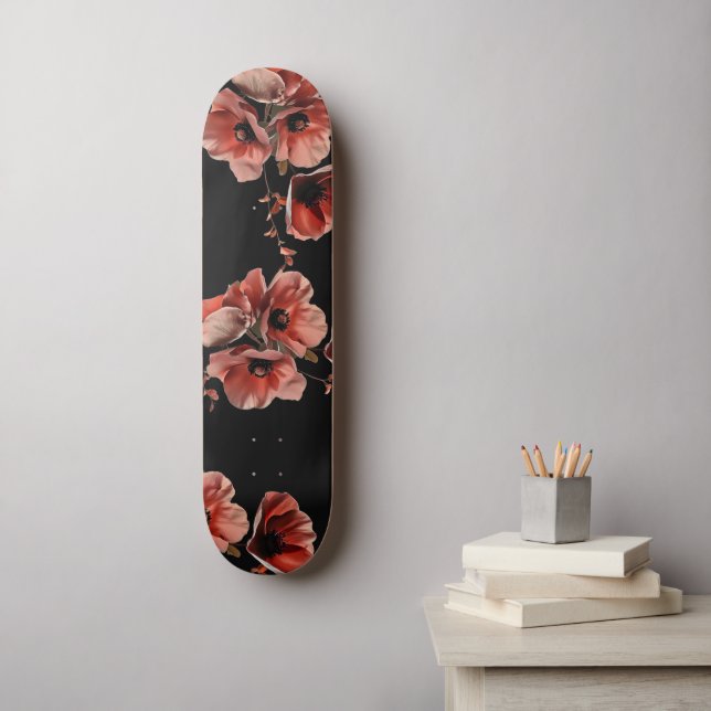 Skateboard Red Poppies Flowers Black (Arte de la pared)