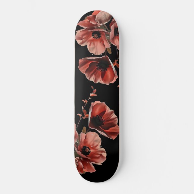Skateboard Red Poppy Flowers Black (Anverso)