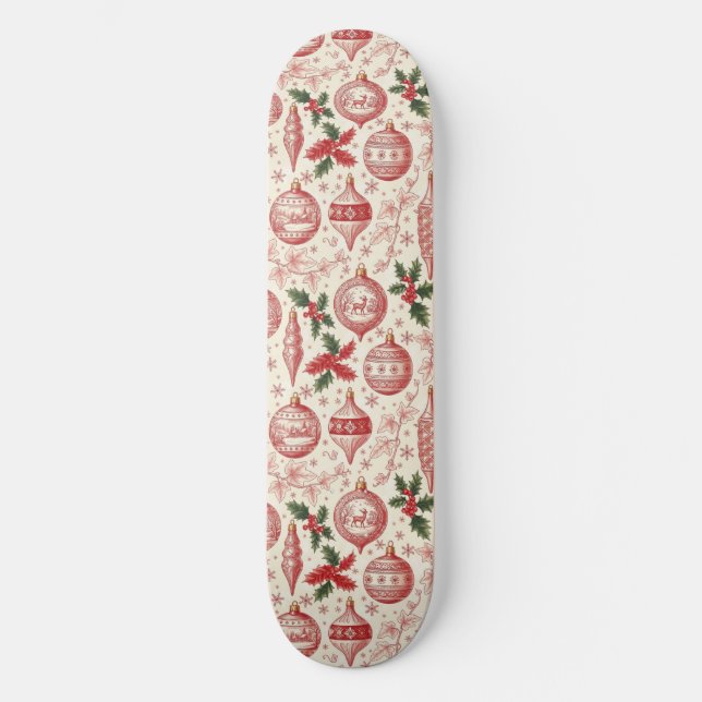 Skateboard Red Toile Chinoiserie Christmas Ornaments (Anverso)