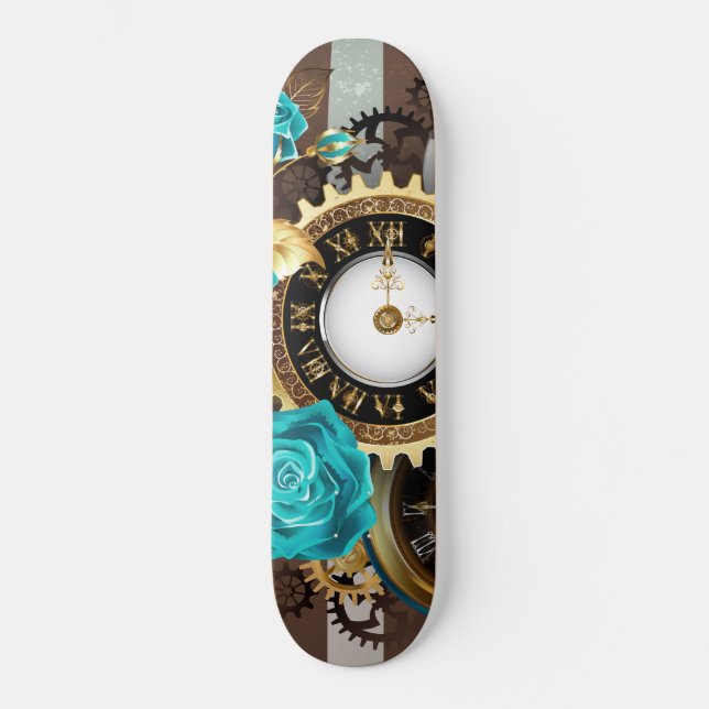 Skateboard Reloj de vapor y Rosas turquesa a rayas (Anverso)