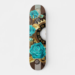Skateboard Reloj de vapor y Rosas turquesa a rayas