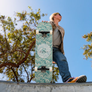 Skateboard Resumen de la ola azul y blanca de Aqua - Arte flu