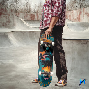 Skateboard Retrato Tropical Retro con Vibraciones de Pop Art 
