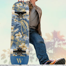 Skateboard Retro Amarillo Azul Floral y Palmas Tropicales Ini