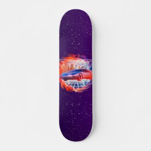Skateboard Retro Futurismo Coche moderno Synth Wave Noche Gal