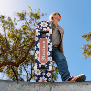Skateboard Retro Groovy Daisy Pattern Name Blue