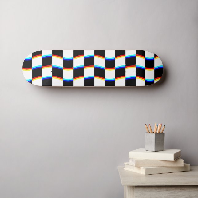 Skateboard Retro Negro Blanco 3D Aberración Ajedrezado (Arte de pared (horz))
