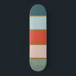 Skateboard Retro rayado<br><div class="desc">Diseño de rayas verticales de inspiración retro en tonos verde azulados y sabios con naranja,  rosa suave y oro. Personalizable completo con su nombre,  iniciales o monograma.</div>