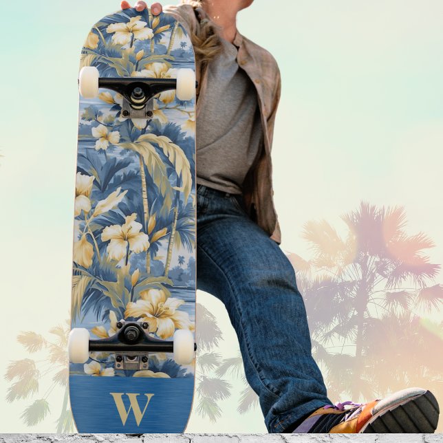 Skateboard Retro Yellow Blue Floral n Tropical Palms Initial  (Subido por el creador)