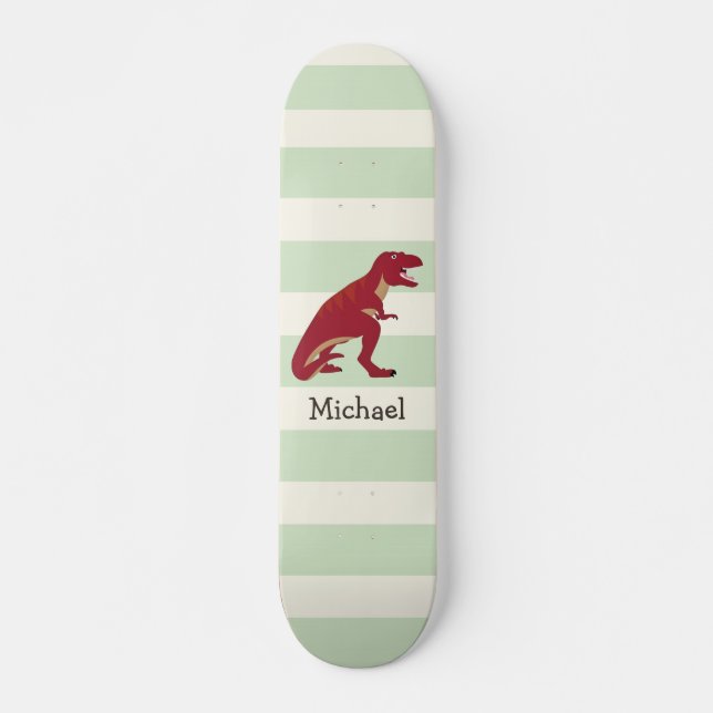 Skateboard Rex rojo sobre rayas verdes pasteles (Anverso )