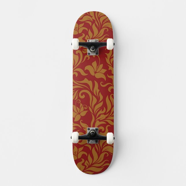 Skateboard Rojo y estampado de flores del oro (Anverso)