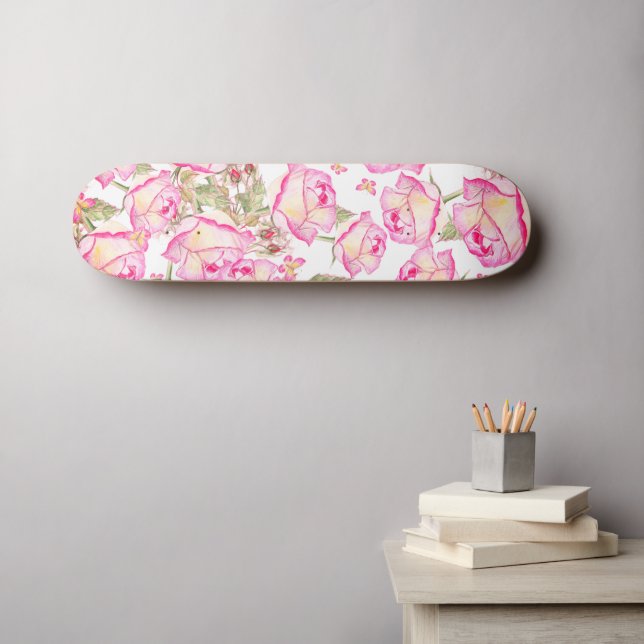 Skateboard Romántico blanco rosa amarillo floral de verano ro (Arte de pared (horz))