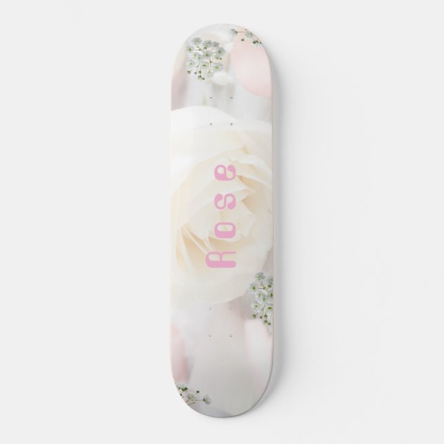 Skateboard Rosa Caprichosa y Floral Blanco (Anverso)