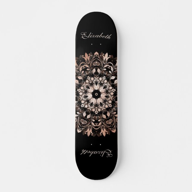 Skateboard Rosa Dorado Black Floral Mandala Monograma Skatebo (Anverso )
