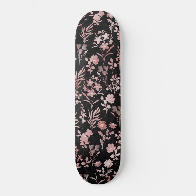 Skateboard Rosa elegante Flores de oro Negro Botánico (Anverso)