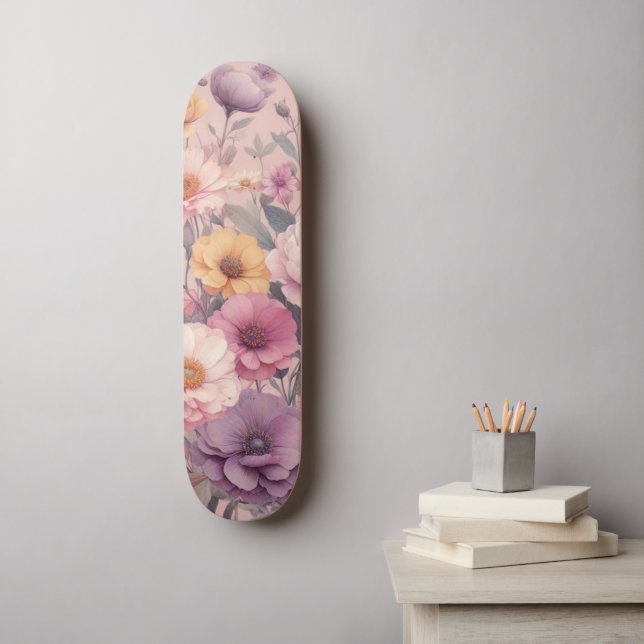 Skateboard Rosa floral moderno rosa elegante (Arte de la pared)