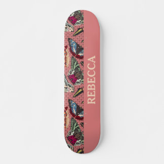 Skateboard Rosa Polvoriento con Ilustraciones de mariposa de