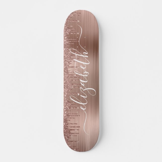 Skateboard Rosa Purpurina de goteo de oro personalizado (Anverso )
