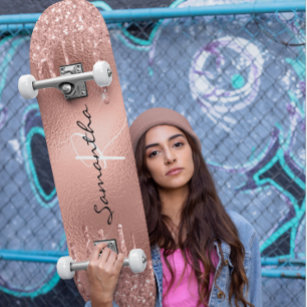 Skateboard Rosa Purpurina de Relieve metalizado de oro Monogr