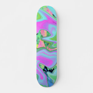Skateboard Rosa Retro y Arte Líquido Azul Claro en Hortensia